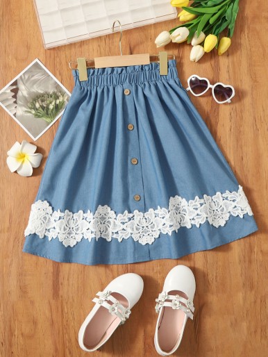 Girls Guipure Lace Appliques Paperbag Waist Skirt