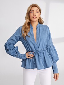 Notch Neck Tie Front Lantern Sleeve Peplum Denim Top