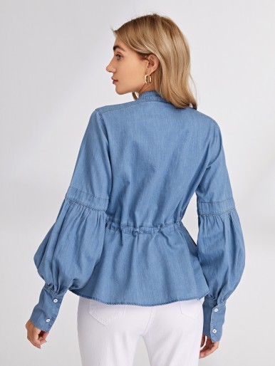 Notch Neck Tie Front Lantern Sleeve Peplum Denim Top