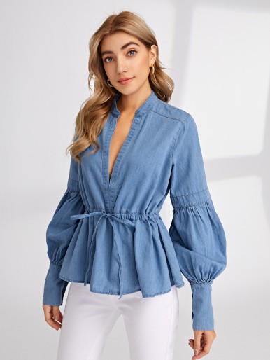 Notch Neck Tie Front Lantern Sleeve Peplum Denim Top