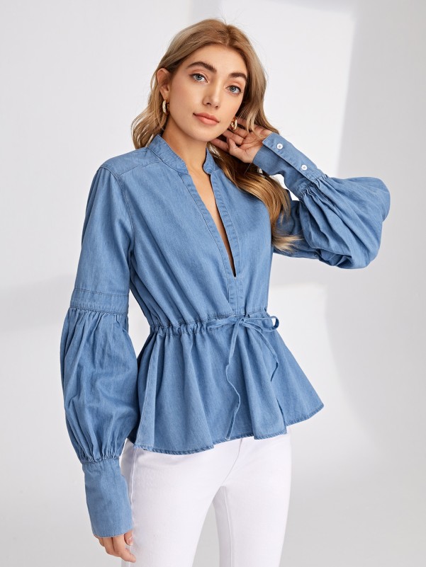 Notch Neck Tie Front Lantern Sleeve Peplum Denim Top