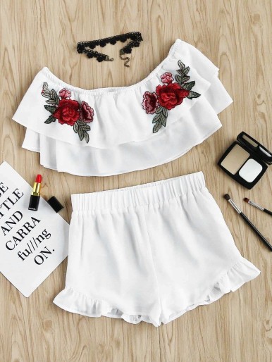 Embroidered Rose Patch Flounce Bardot Top And Shorts Set