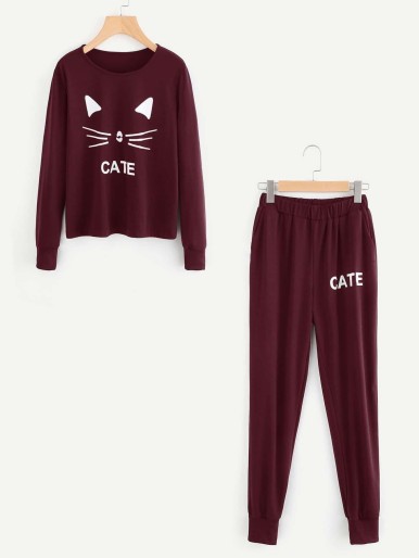 Cat Print Pullover & Sweatpants Set