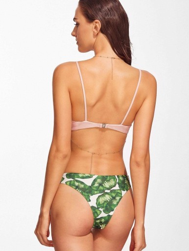 V Cut Top With Leaf Print High-cut Bikini Set