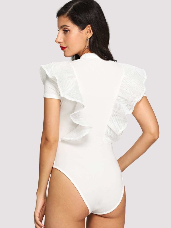 Button Up Mesh Ruffle Trim Fitted Bodysuit