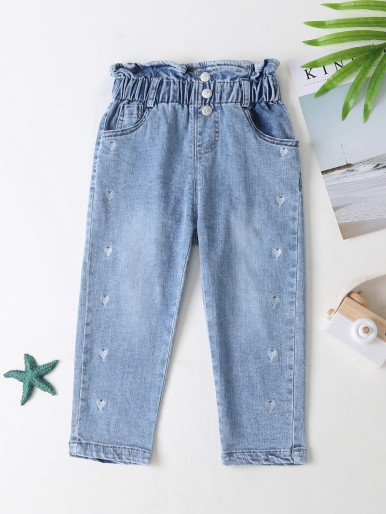 Toddler Girls Heart Embroidery Paper Bag Waist Jeans