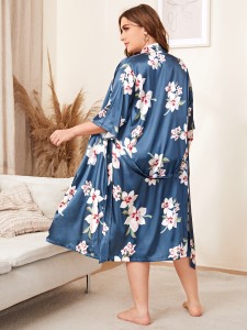 Plus Allover Floral Belted Satin Robe