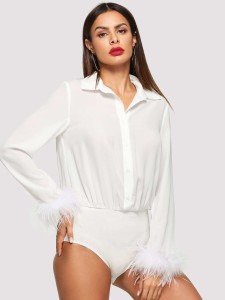 Faux Feather Detail Button Up Bodysuit