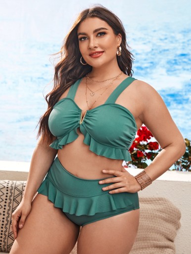 Plus Rib Ruffle Hem V Wired Bikini Swimsuit