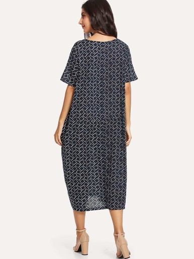 Geometric Print Hidden Pocket Longline Dress