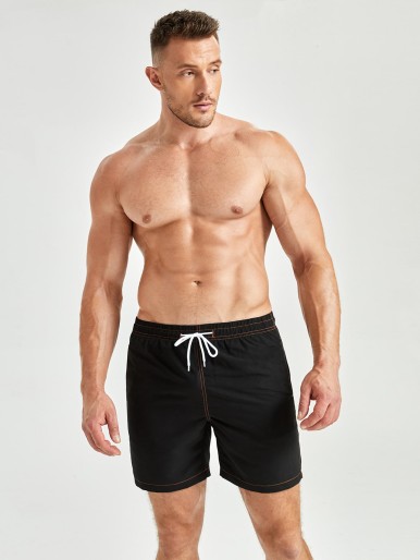 Men Solid Drawstring Waist Swim Trunks