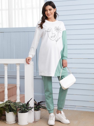 Maternity Figure Graphic Split Hem Pullover & Joggers Set