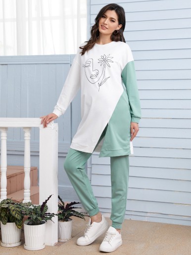 Maternity Figure Graphic Split Hem Pullover & Joggers Set