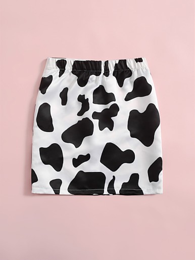 Girls Cow Print Zip Up Skirt