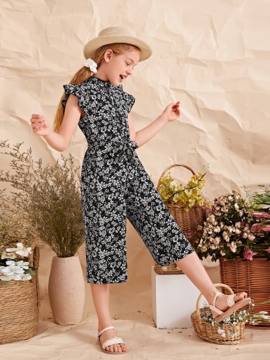 Girls Floral Print Belted Capris Jumpsuit