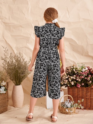 Girls Floral Print Belted Capris Jumpsuit