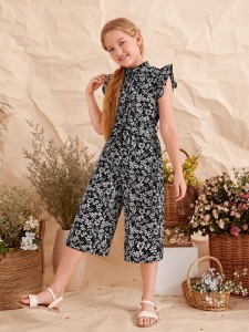 Girls Floral Print Belted Capris Jumpsuit