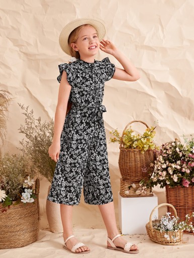 Girls Floral Print Belted Capris Jumpsuit