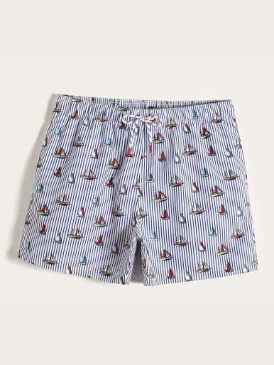 Men Striped & Boat Print Swim Shorts