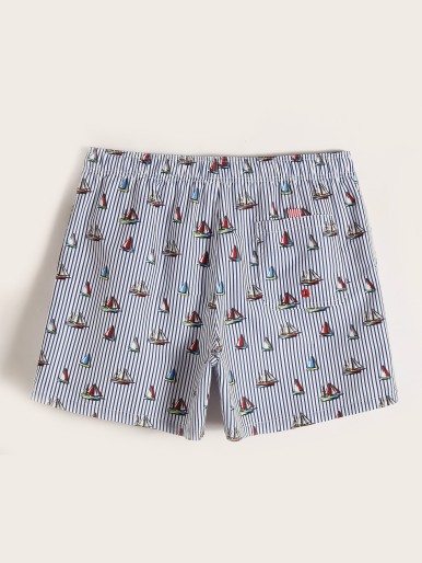 Men Striped & Boat Print Swim Shorts