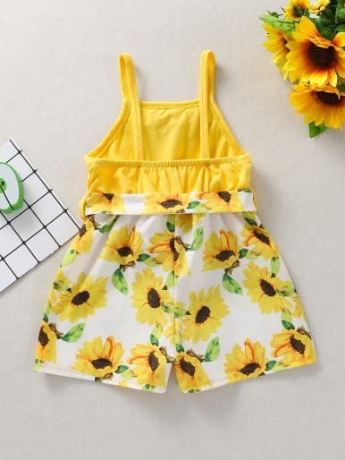 Baby Girl Sunflower Ruffle Belted Cami Romper