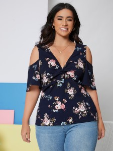 Plus Cold Shoulder Twist Front Floral Print Top