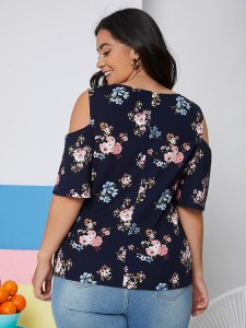 Plus Cold Shoulder Twist Front Floral Print Top