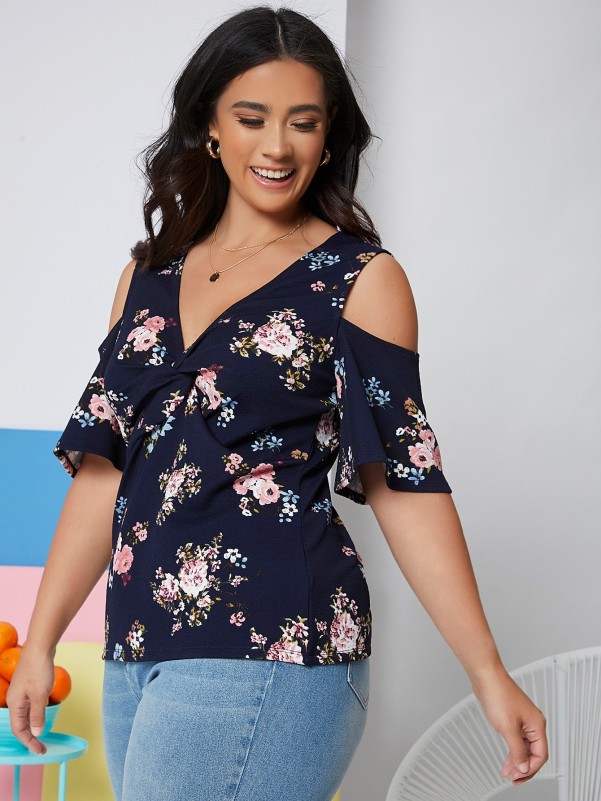 Plus Cold Shoulder Twist Front Floral Print Top