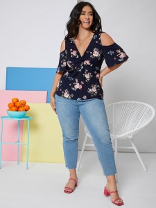 Plus Cold Shoulder Twist Front Floral Print Top