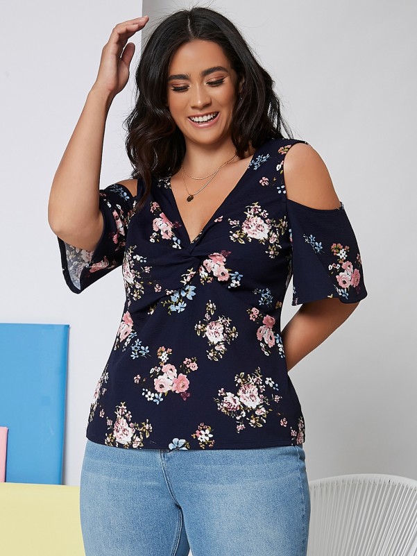 Plus Cold Shoulder Twist Front Floral Print Top