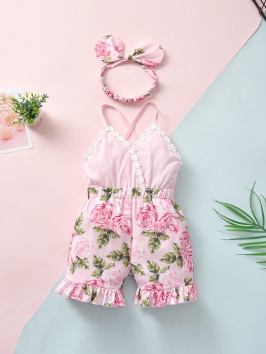 Baby Girl Floral Print Cami Romper With Headband