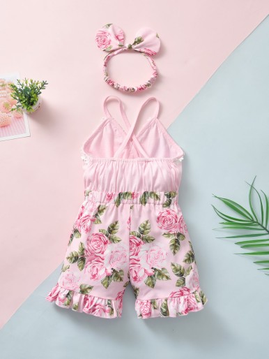 Baby Girl Floral Print Cami Romper With Headband