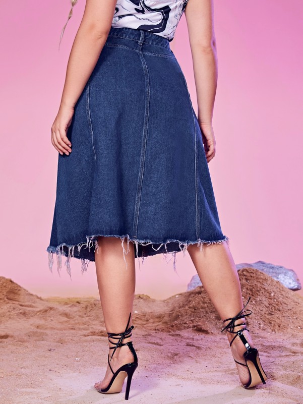 Plus Raw Hem Denim Skirt