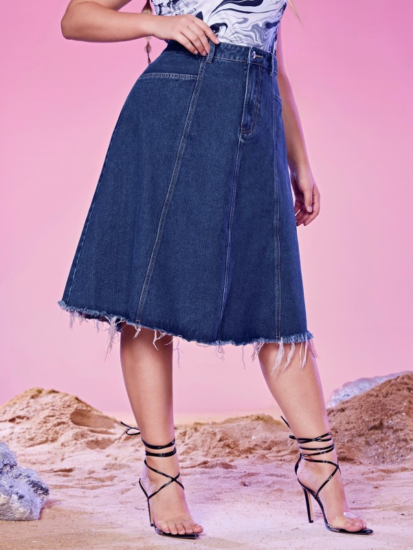 Plus Raw Hem Denim Skirt