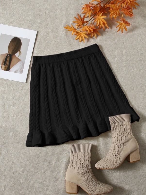 Ruffle Hem Cable Knit Skirt