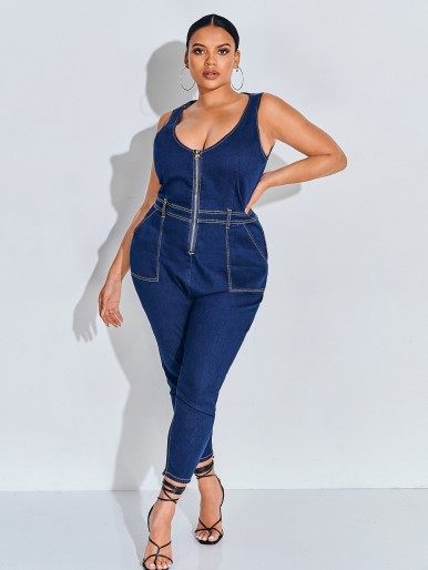 Plus Zip Front Denim Overalls