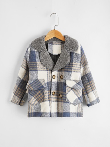 Toddler Boys Lapel Collar Plaid Plush Lined Pea Coat