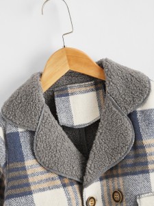 Toddler Boys Lapel Collar Plaid Plush Lined Pea Coat