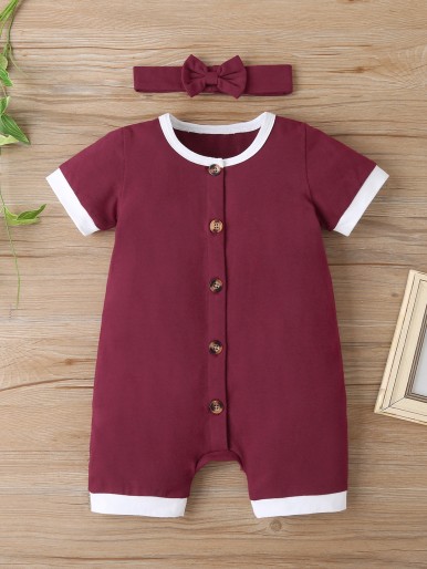 Baby Girl Contrast Binding Button Front Romper & Headband