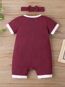 Baby Girl Contrast Binding Button Front Romper & Headband