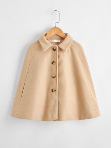 Girls Collared Buttoned Front Cape Coat