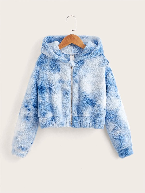 Girls Tie Dye Zipper Hooded Flannel Jacket