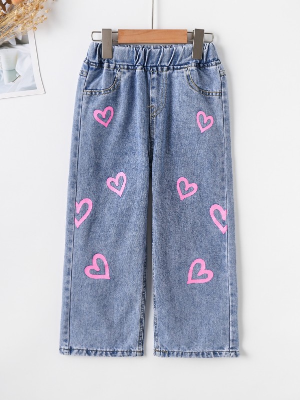 Girls Heart Print Straight Leg Jeans