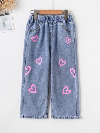 Girls Heart Print Straight Leg Jeans