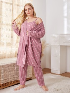 Plus 3pcs Striped Heart Print Belted Robe Set