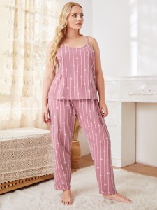 Plus 3pcs Striped Heart Print Belted Robe Set