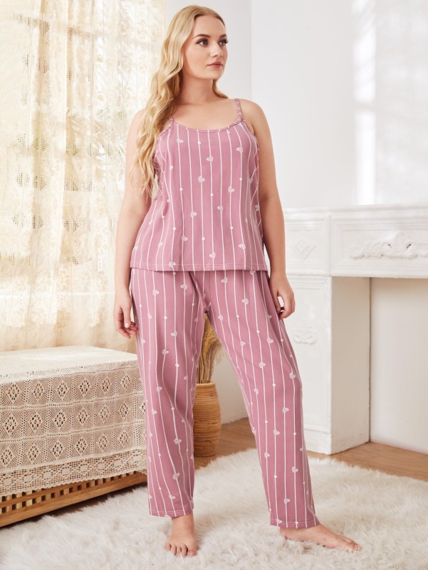 Plus 3pcs Striped Heart Print Belted Robe Set