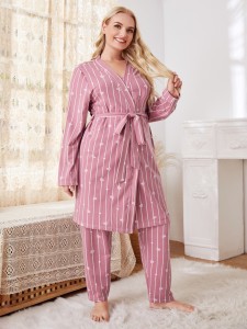 Plus 3pcs Striped Heart Print Belted Robe Set