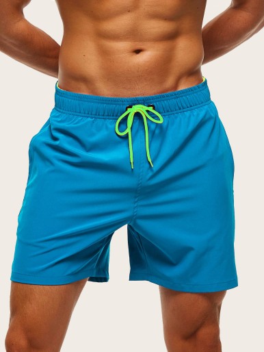 Men Solid Drawstring Waist Swim Shorts