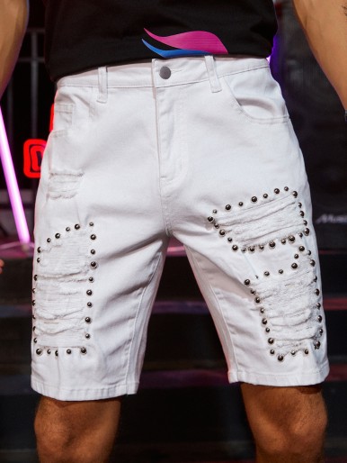 Men Studded Ripped Denim Shorts